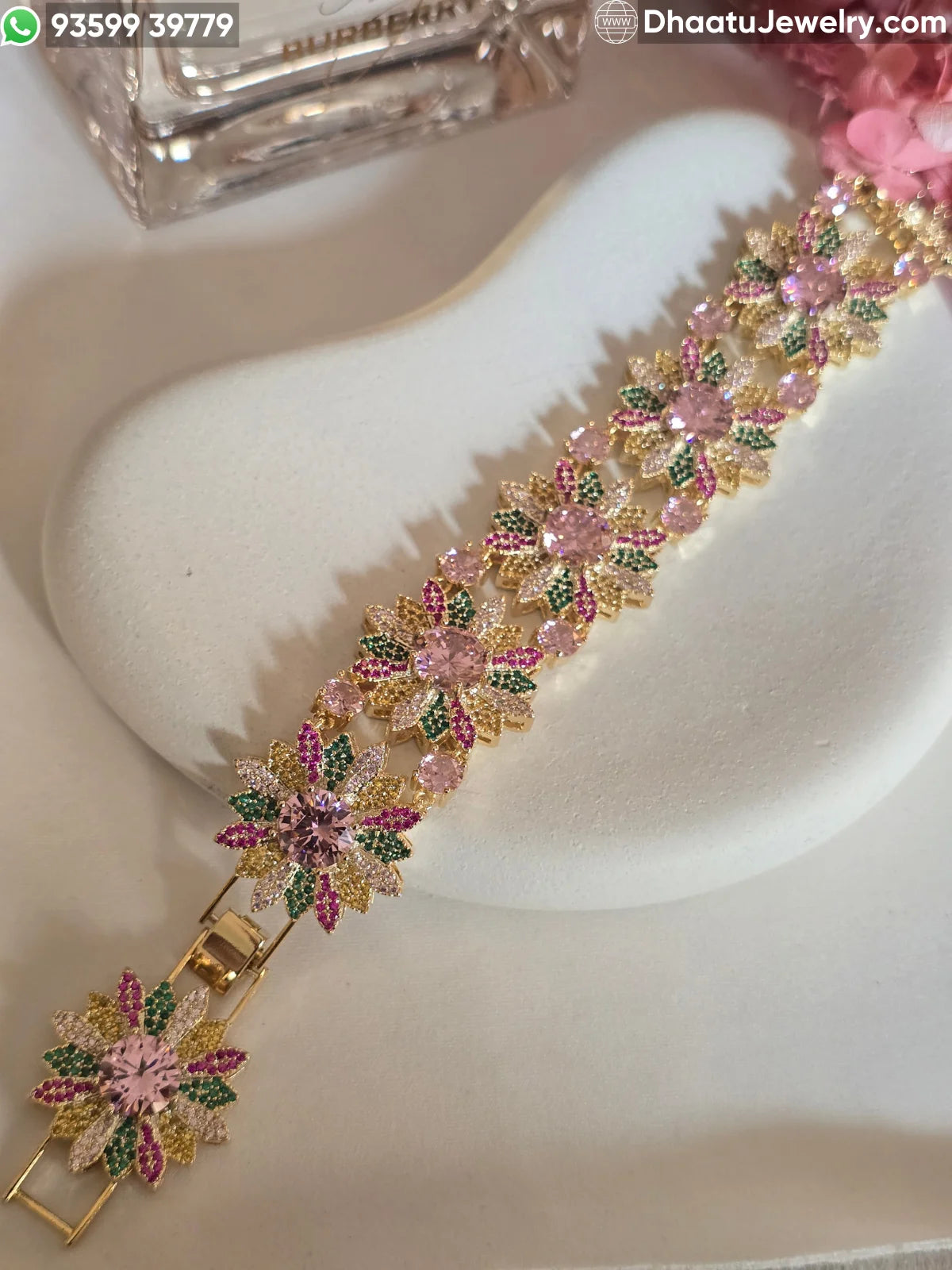 Floral Burst 18k Gold Plated Adjustable Bracelet - Zirconia Sunflower Link Design in Multicolor, Canary Yellow, and Ruby Pink (18-21cm)