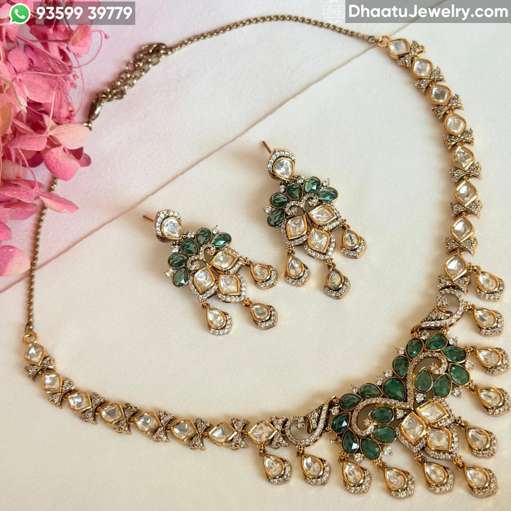 Emerald Green Moissanite & Real Polki Kundan Necklace Set with Drop Earrings in Gold-Plated Brass