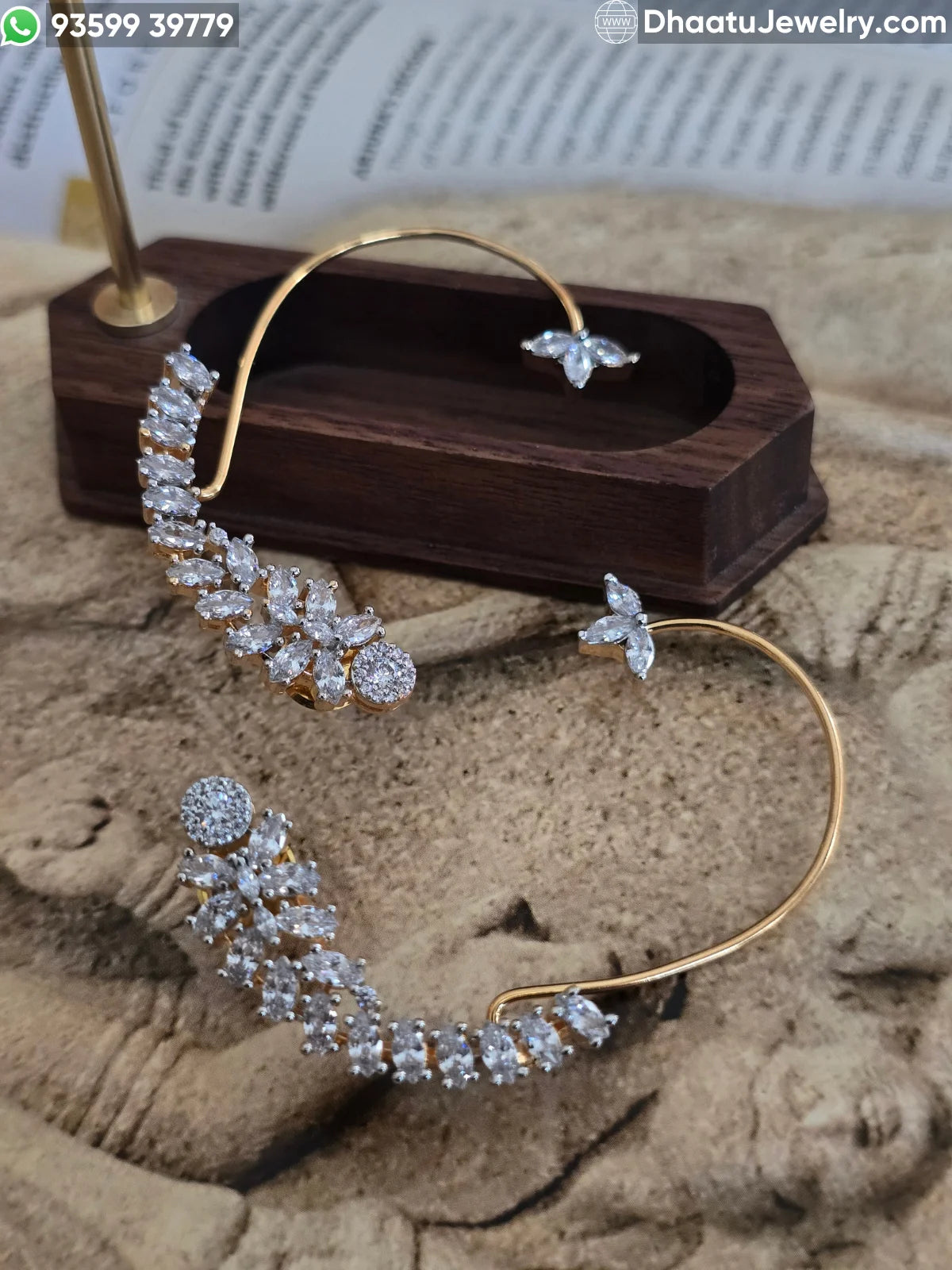 18K Gold Plated Premium Floral Cubic Zirconia Full Ear Cuff Wrap Earrings – Marquise Cut Leaf Design Ear Climbers with Cartilage Clasp