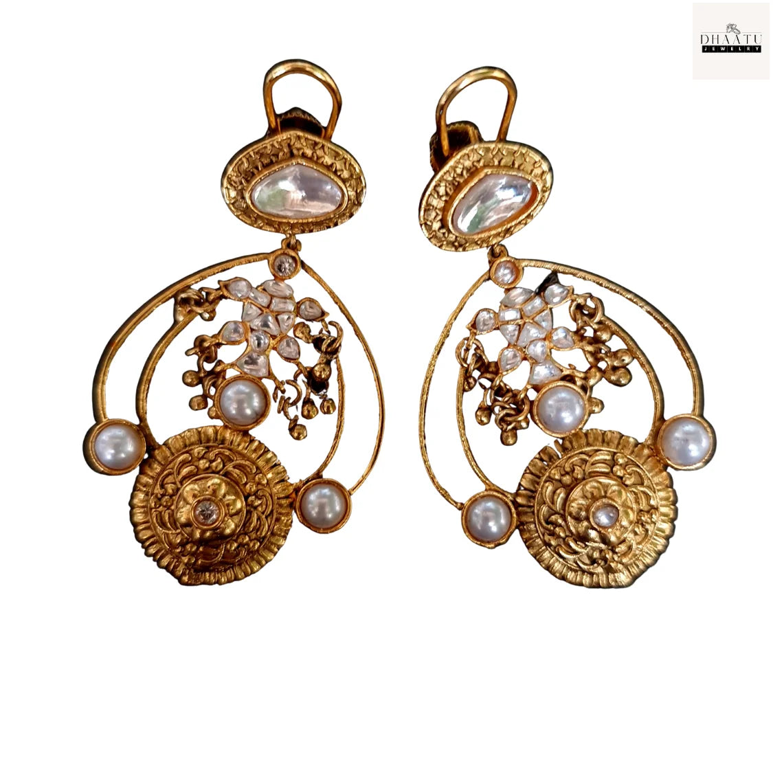 Regal Gold-Plated Statement Earrings with Pearl Drops and Polki/Kundan Stones