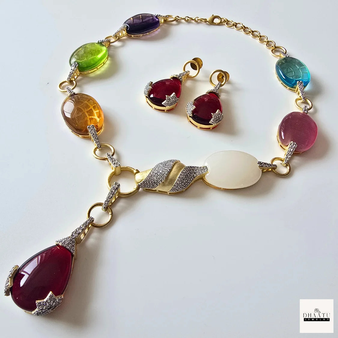 Designer Inspired Multi-Color Carved Stone Gold-Tone Statement Necklace & Earring Set