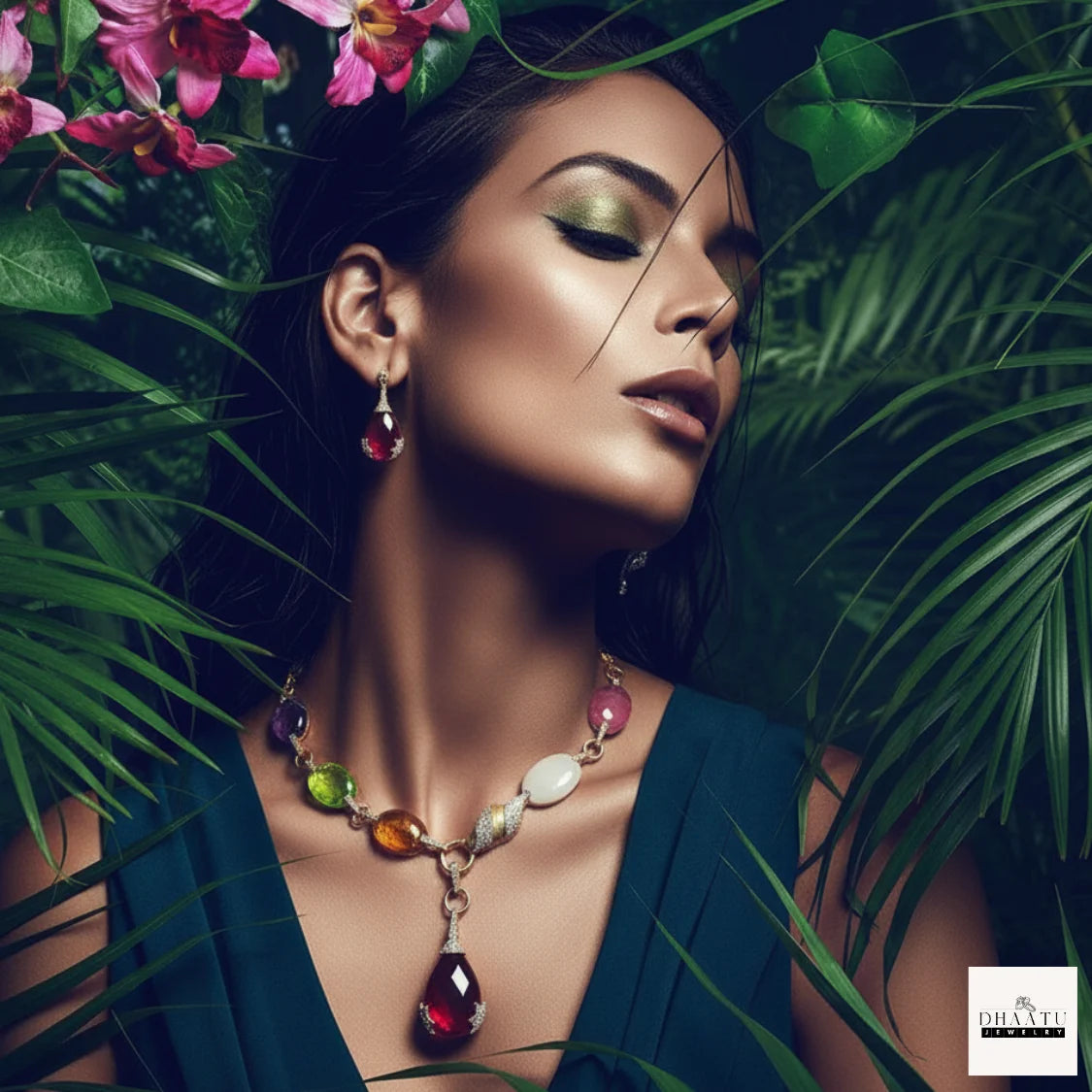 Designer Inspired Multi-Color Carved Stone Gold-Tone Statement Necklace & Earring Set