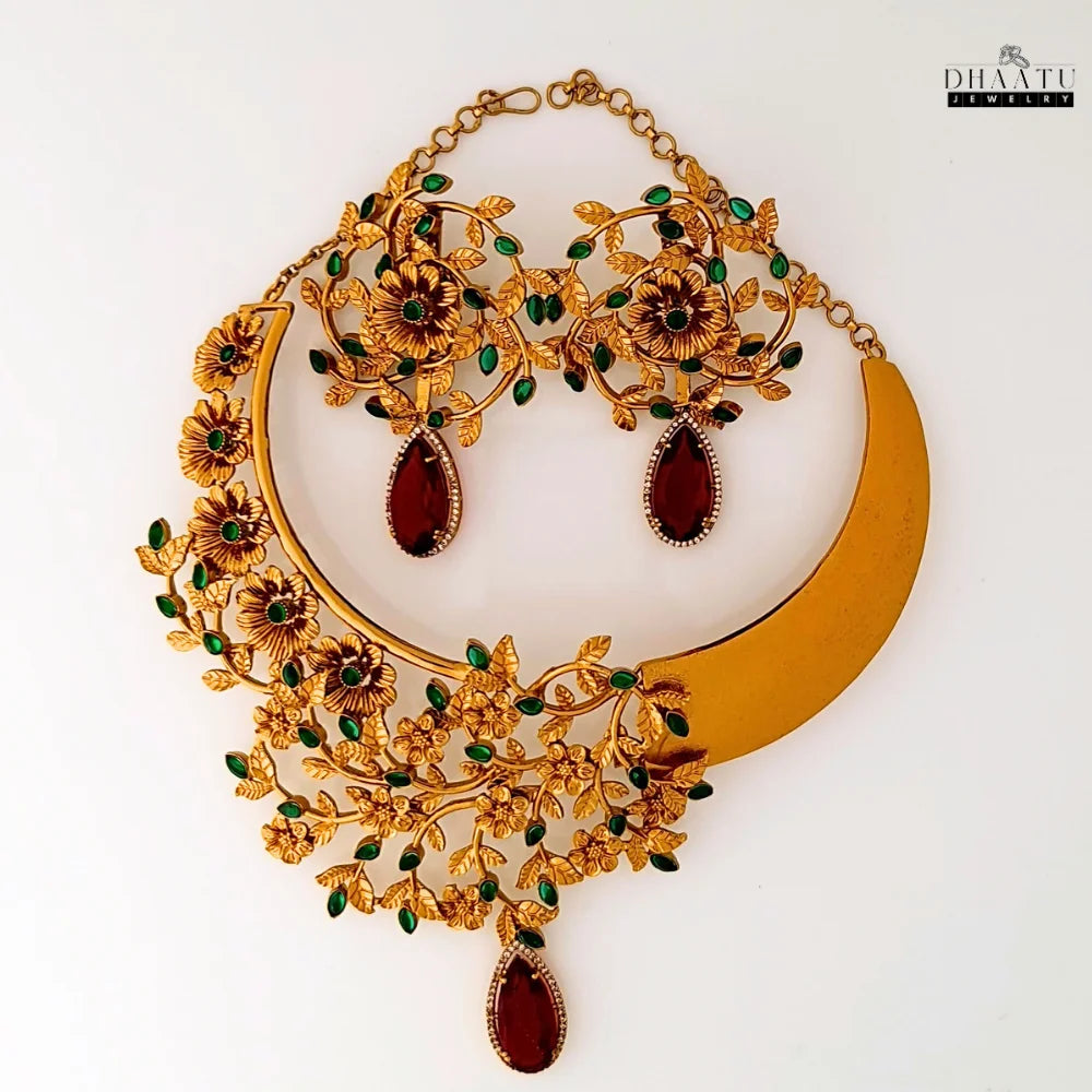 Regal Blossom Bridal Choker & Earring Set - Aqua Blue & Gold Statement Jewelry