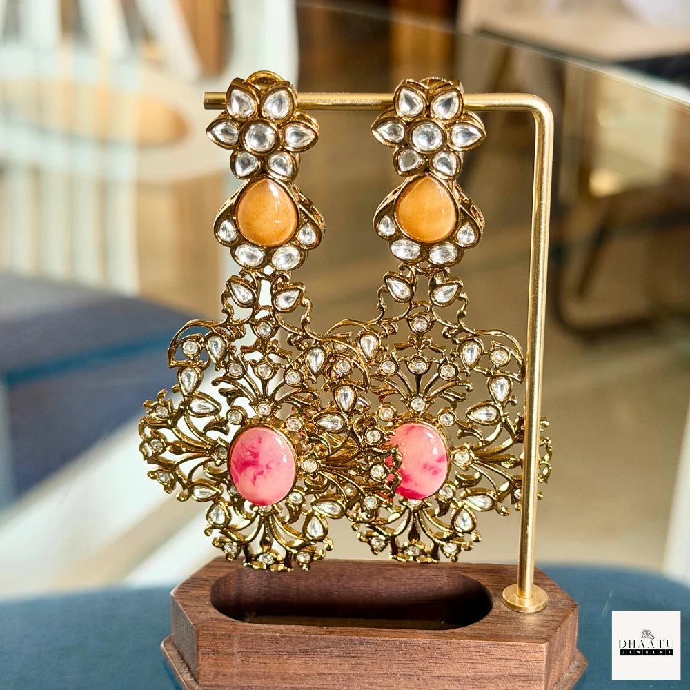 Exquisite Jadau Kundan Style Statement Earrings - Polki & Stone Work Dangler Jhumka for Weddings & Festive Wear