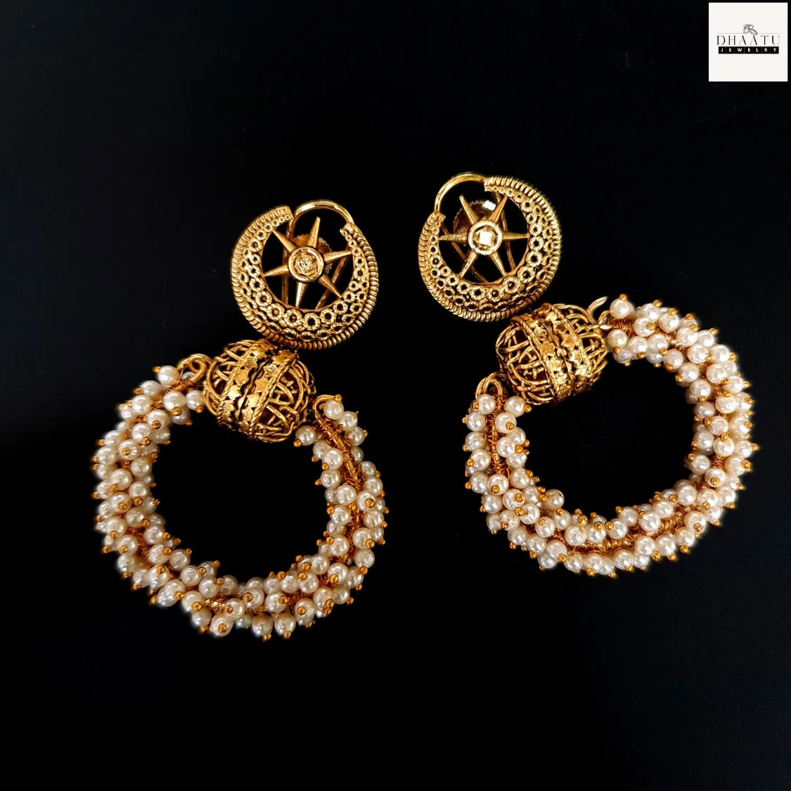 Dhaatu Golden Star Stud & Pearl Cluster Hoop Earrings | Traditional Indian Inspired Artificial Jewelry