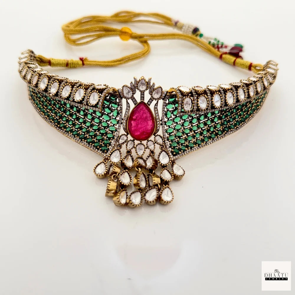 Regal Emerald & Ruby Polki Choker Set – Handcrafted Traditional Necklace with Earrings & Maang Tikka