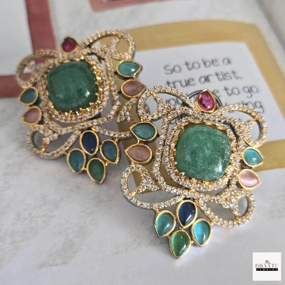 Semi-Precious Stone Studs with CZ Pavé Border (5 Variants)