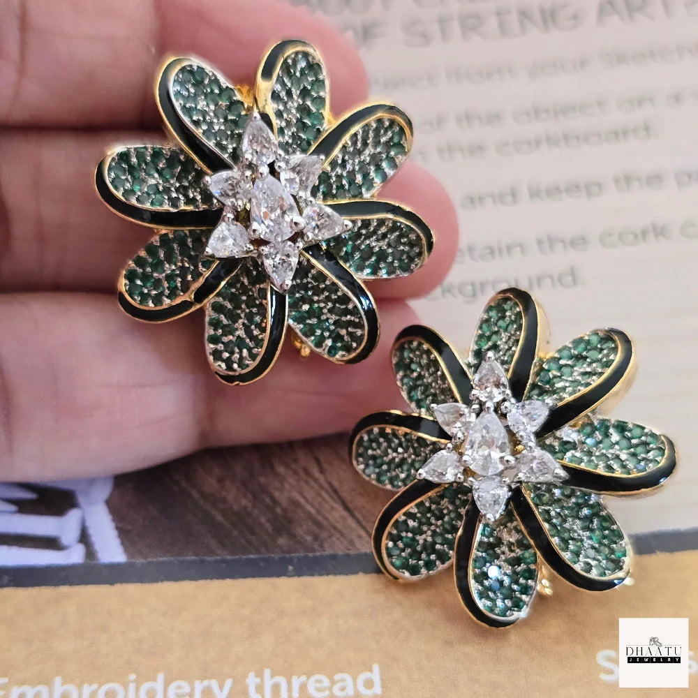 Lumina Enamel-Edged Crystal Floral Stud Earrings | Gold-Plated Statement Jewelry