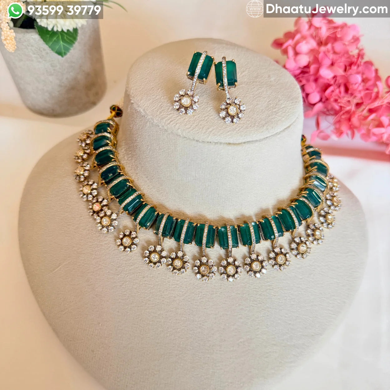 Handcrafted Kundan & Moissanite Choker Necklace Set with Emerald & Ruby Monalisa Stones