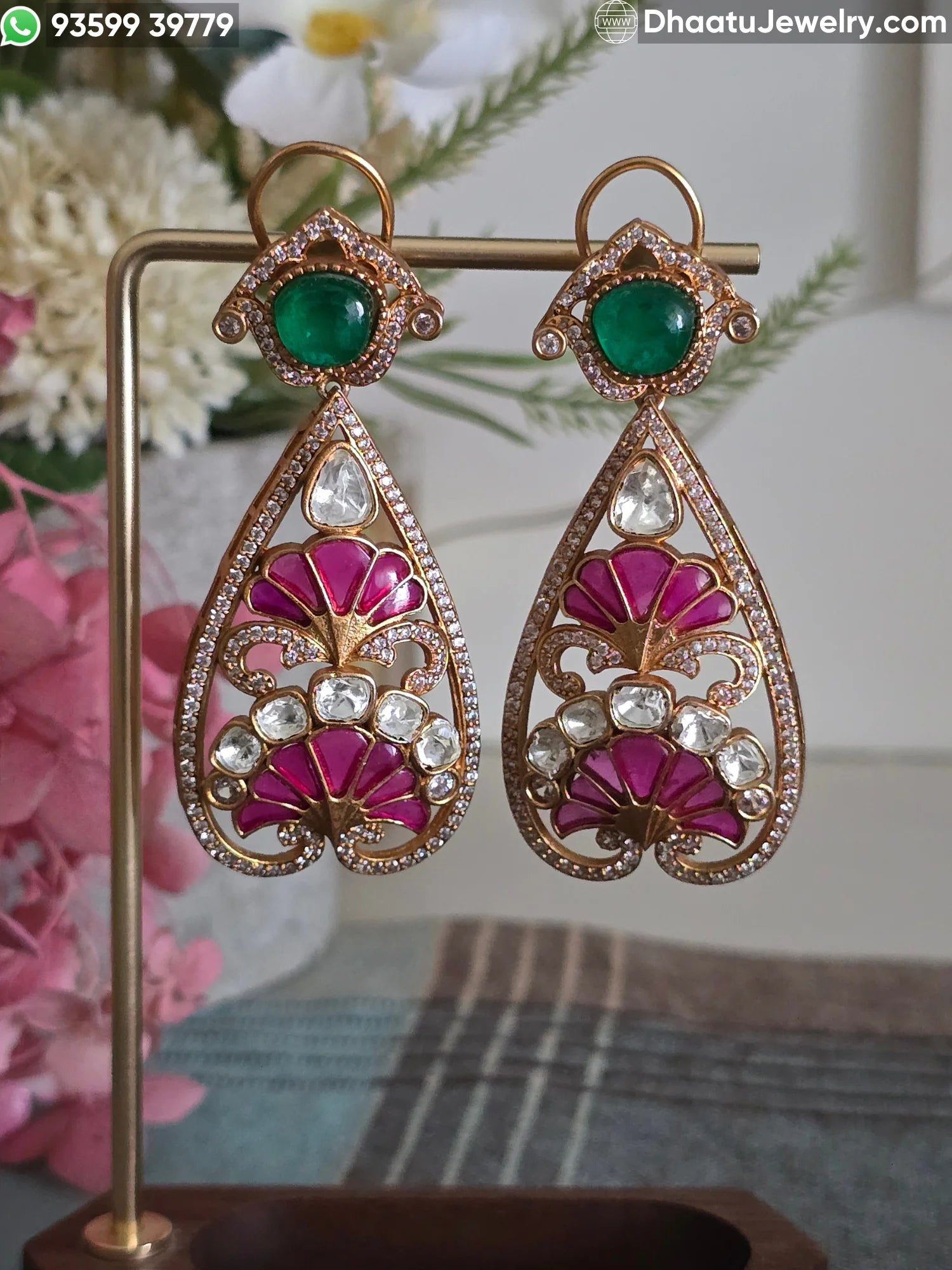 Antique Mehendi Plated Moissanite, Kundan & Ruby-Emerald Doublet Teardrop Earrings