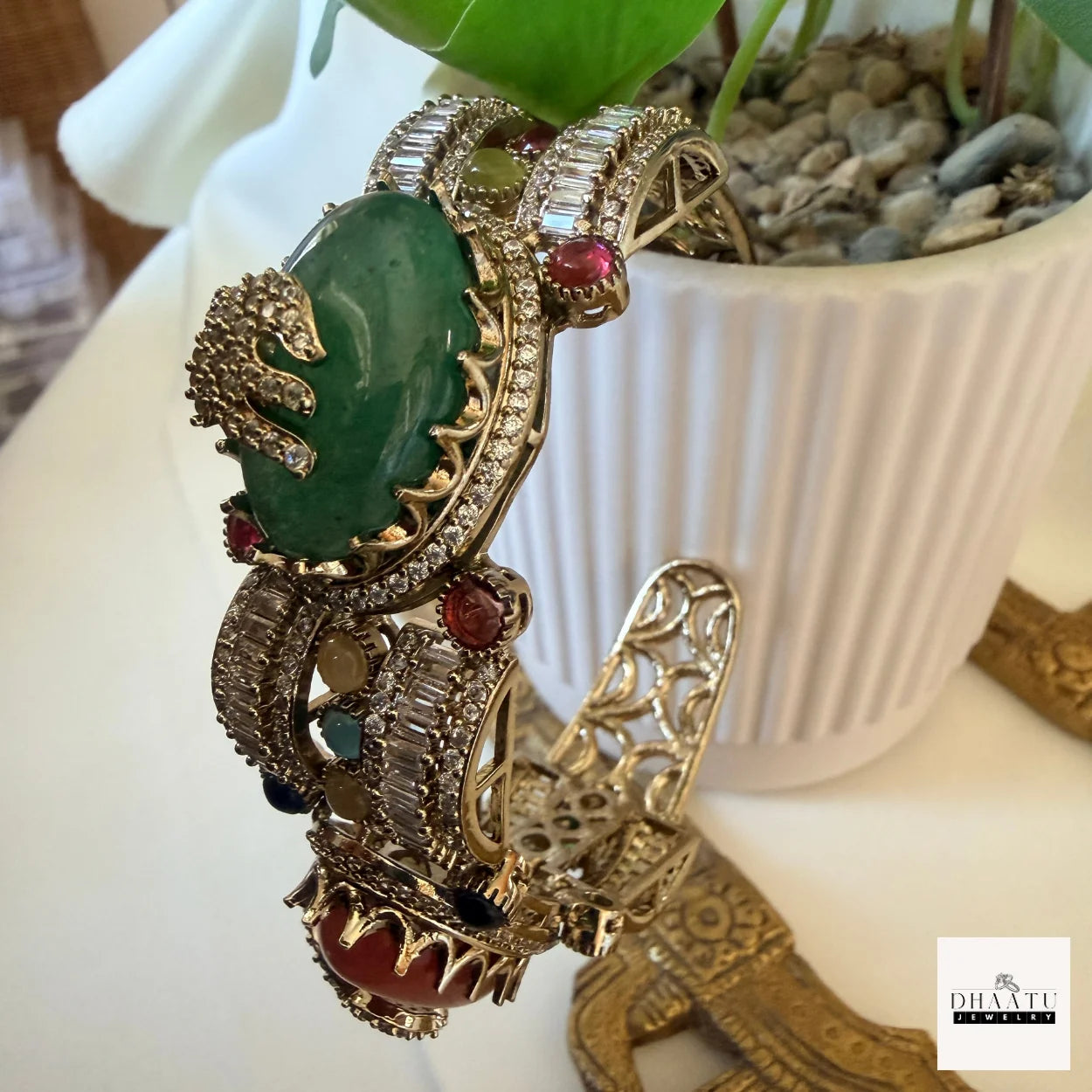 Rivaayat Antique Victorian Brass Cuff Bracelet with Multi-Color Doublet Stones