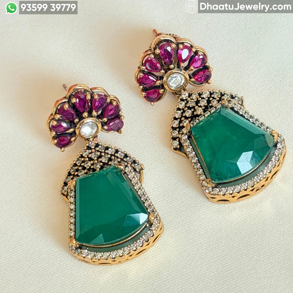 Handcrafted Gold-Plated Emerald Green Stone Collar Set with Real Polki & Moissanite Accents – Ruby Pink Meenakari Detail Earrings and Necklace