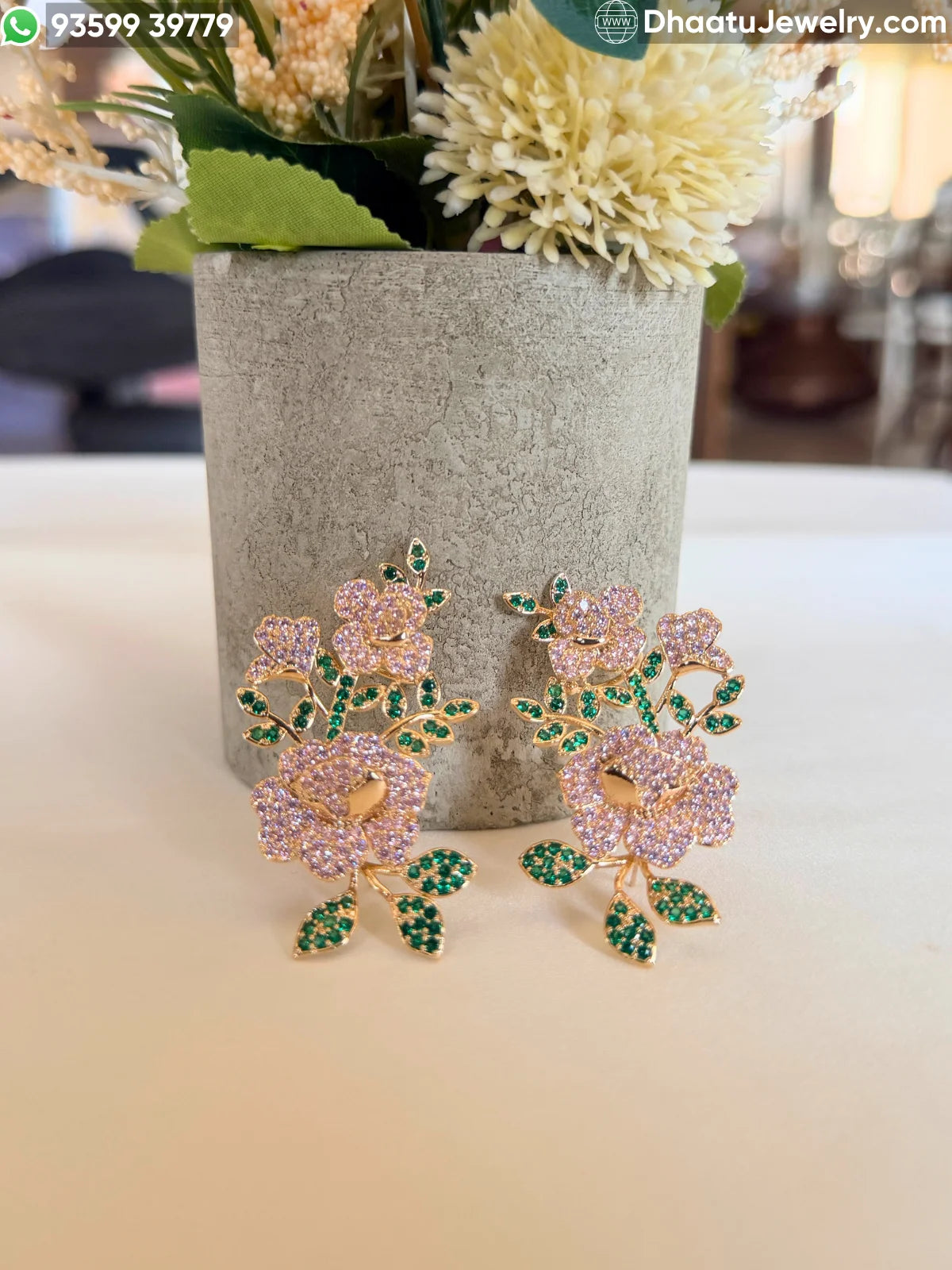 Premium Gold-Plated Intricate Floral Ear Cuff Crawler Earrings – Studded Bloom Design in Emerald Green & Diamond White Variants