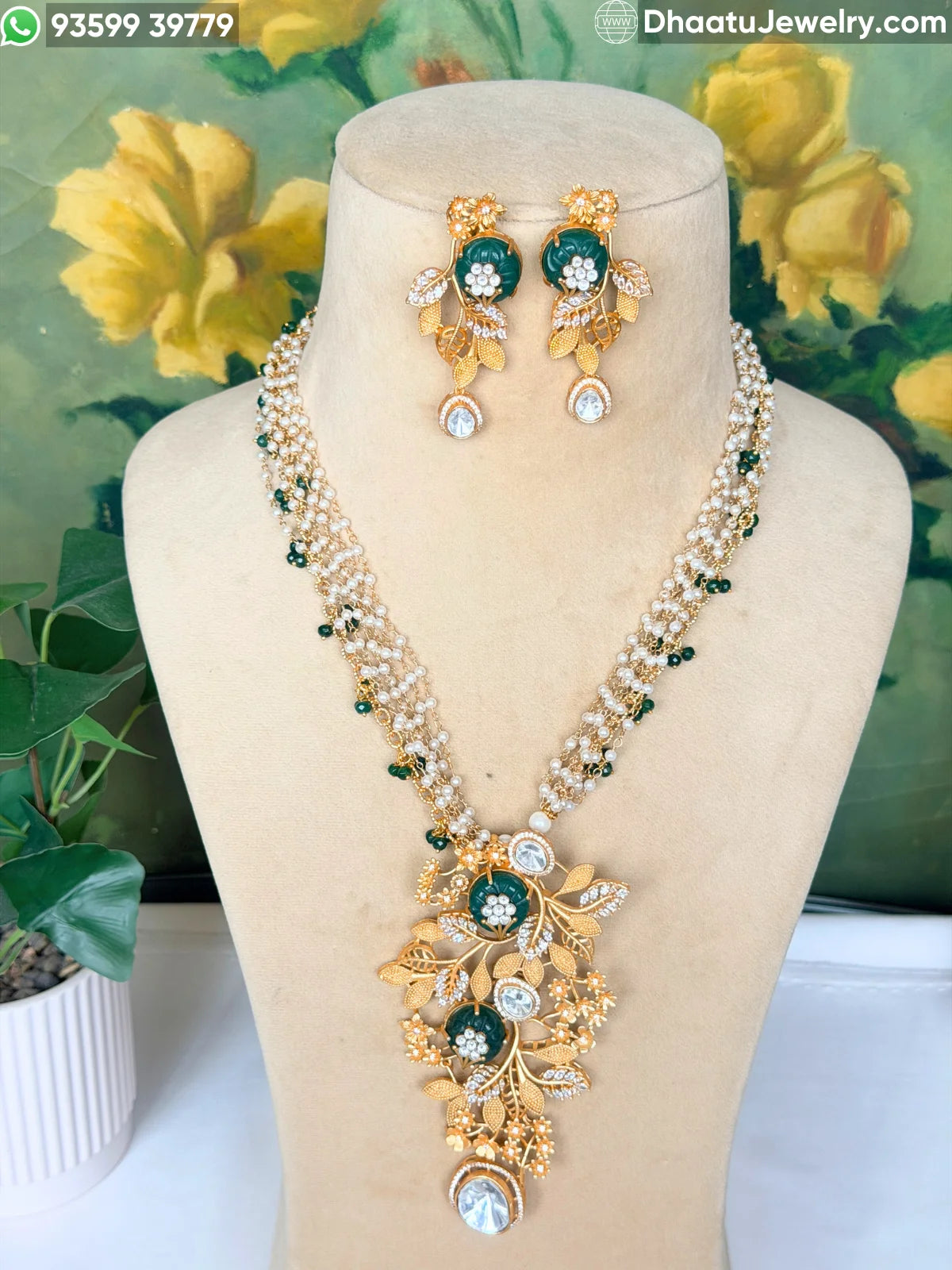 Gold-Finished Brass Floral Kundan & Pearl Layered Necklace Set with Matching Earrings