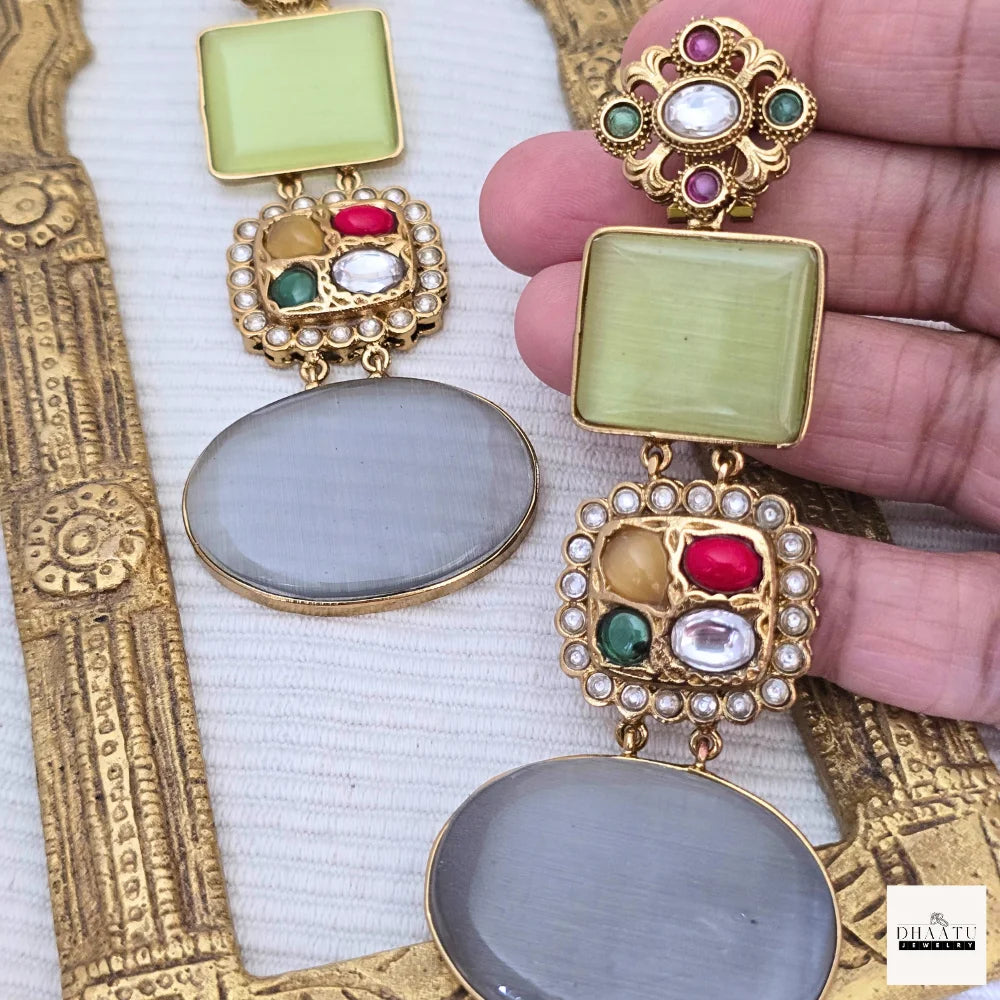 Regal Green & Grey Cat's Eye Drop Earrings with Multi-Stone Embellishment