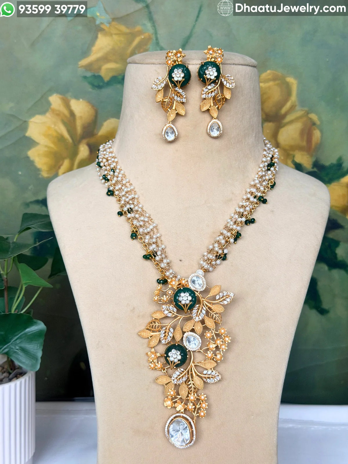 Gold-Finished Brass Floral Kundan & Pearl Layered Necklace Set with Matching Earrings