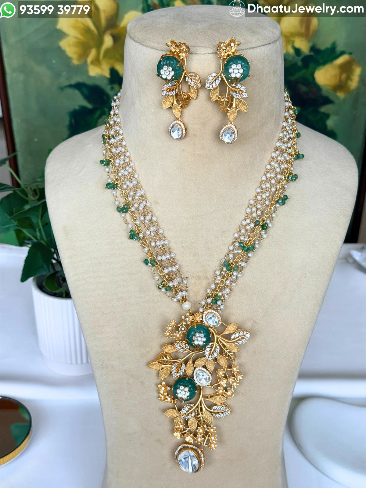 Gold-Finished Brass Floral Kundan & Pearl Layered Necklace Set with Matching Earrings