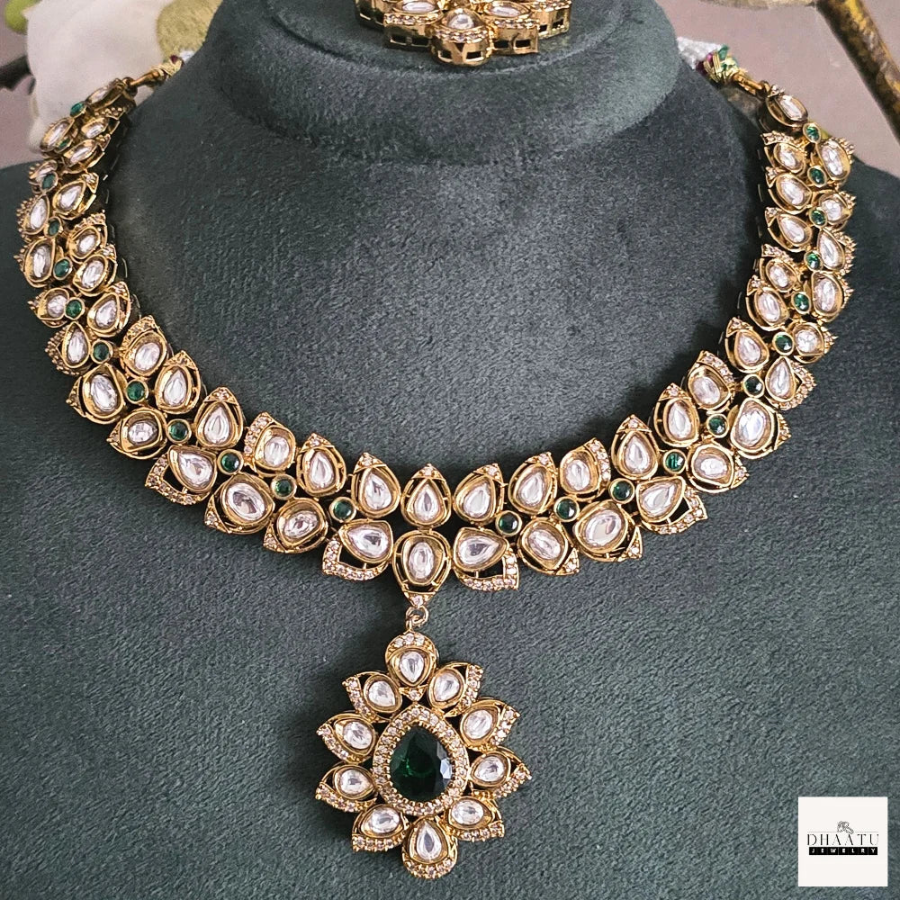Regal Green Stone & White Polki Style Jewelry Set with Necklace, Earrings & Maang Tikka