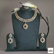 Regal Green Stone & White Polki Style Jewelry Set with Necklace, Earrings & Maang Tikka