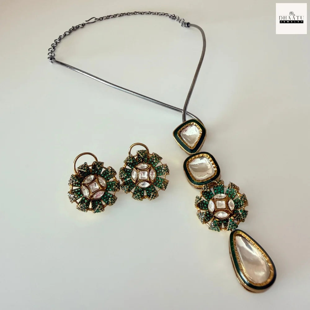Handcrafted Kundan Polki Floral Pendant Necklace & Earrings Set With Meenakari Work