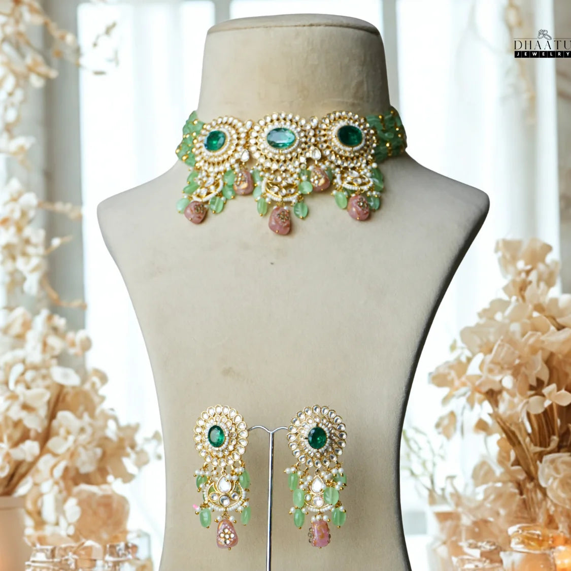 Regal Polki Style Green & Pink Beaded Choker Necklace and Earring Set | Indian Wedding Jewelry