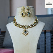 Regal Green Stone & White Polki Style Jewelry Set with Necklace, Earrings & Maang Tikka