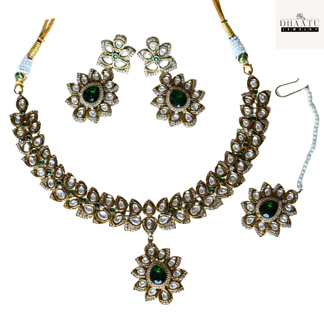 Regal Green Stone & White Polki Style Jewelry Set with Necklace, Earrings & Maang Tikka