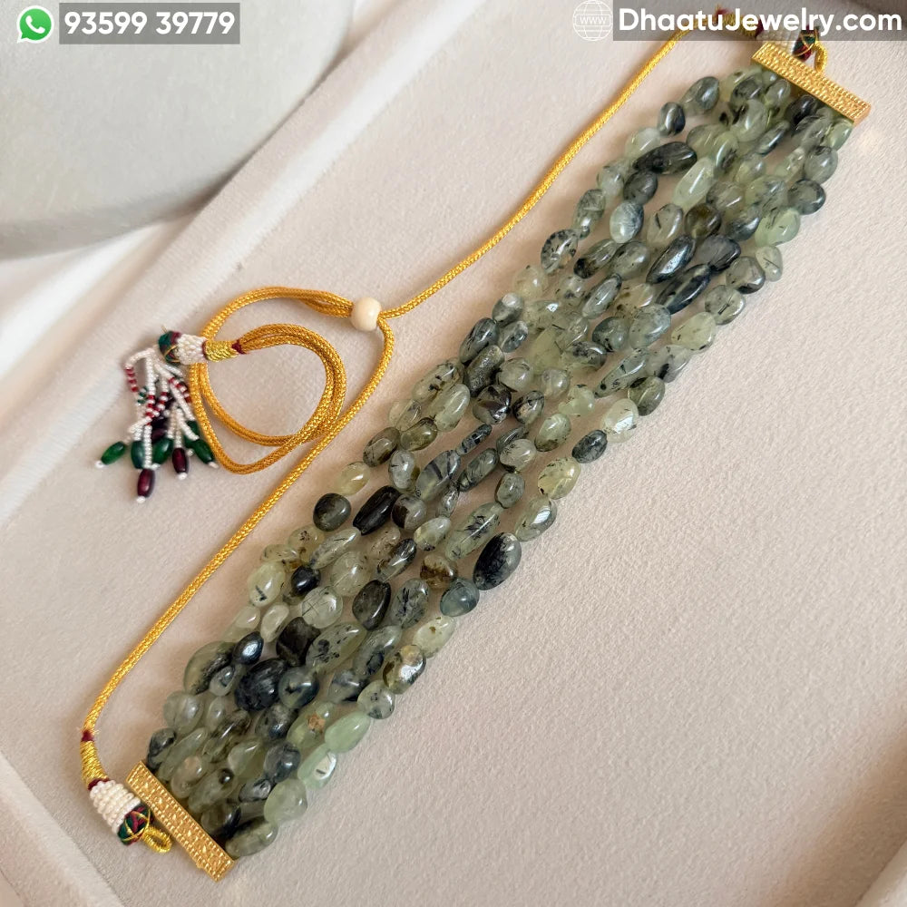 6-Layer Green Prehnite Natural Stone Beaded Statement Choker Necklace - 4.5cm Wide Handcrafted Adjustable Jewelry
