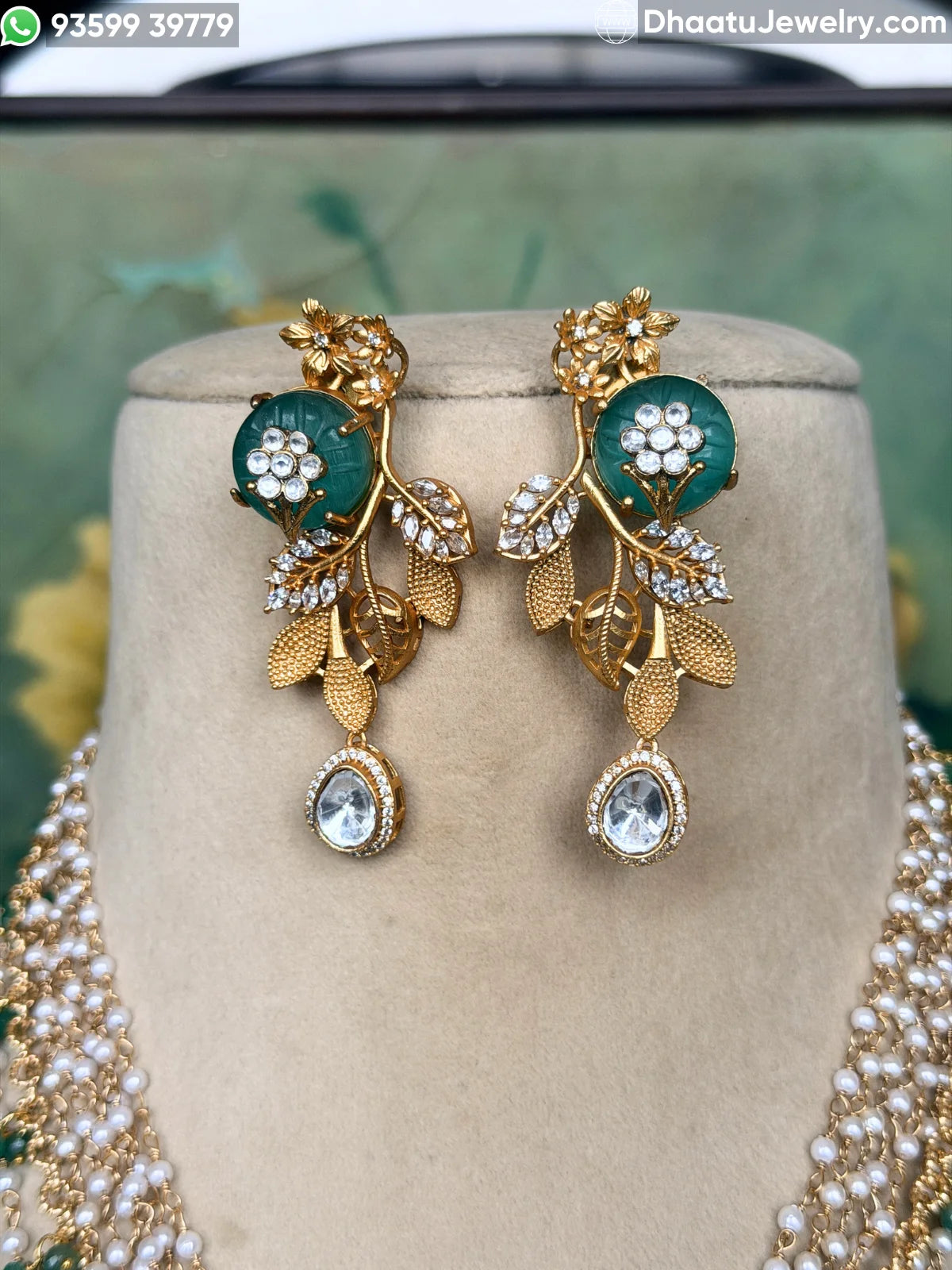 Gold-Finished Brass Floral Kundan & Pearl Layered Necklace Set with Matching Earrings