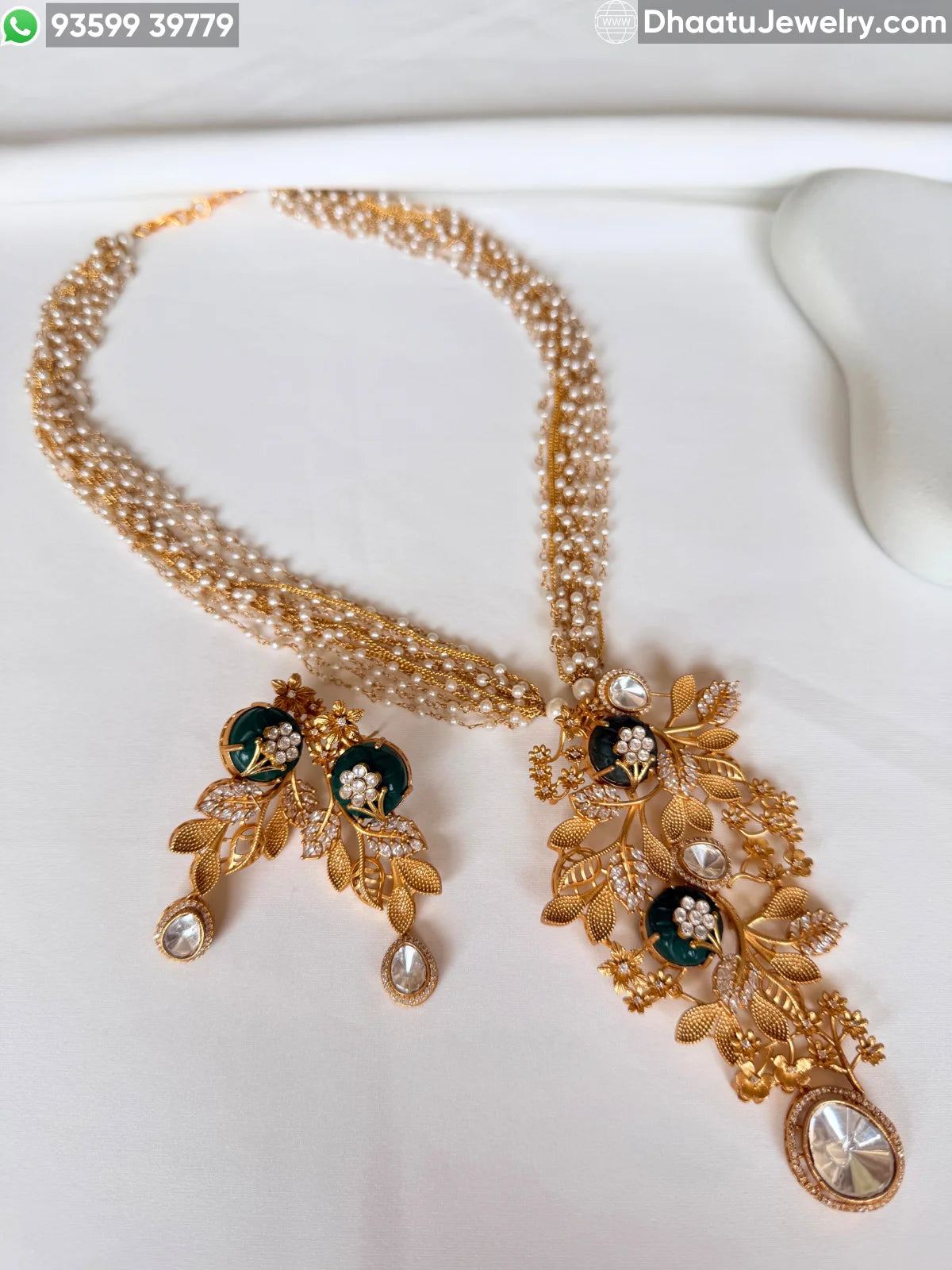 Gold-Finished Brass Floral Kundan & Pearl Layered Necklace Set with Matching Earrings