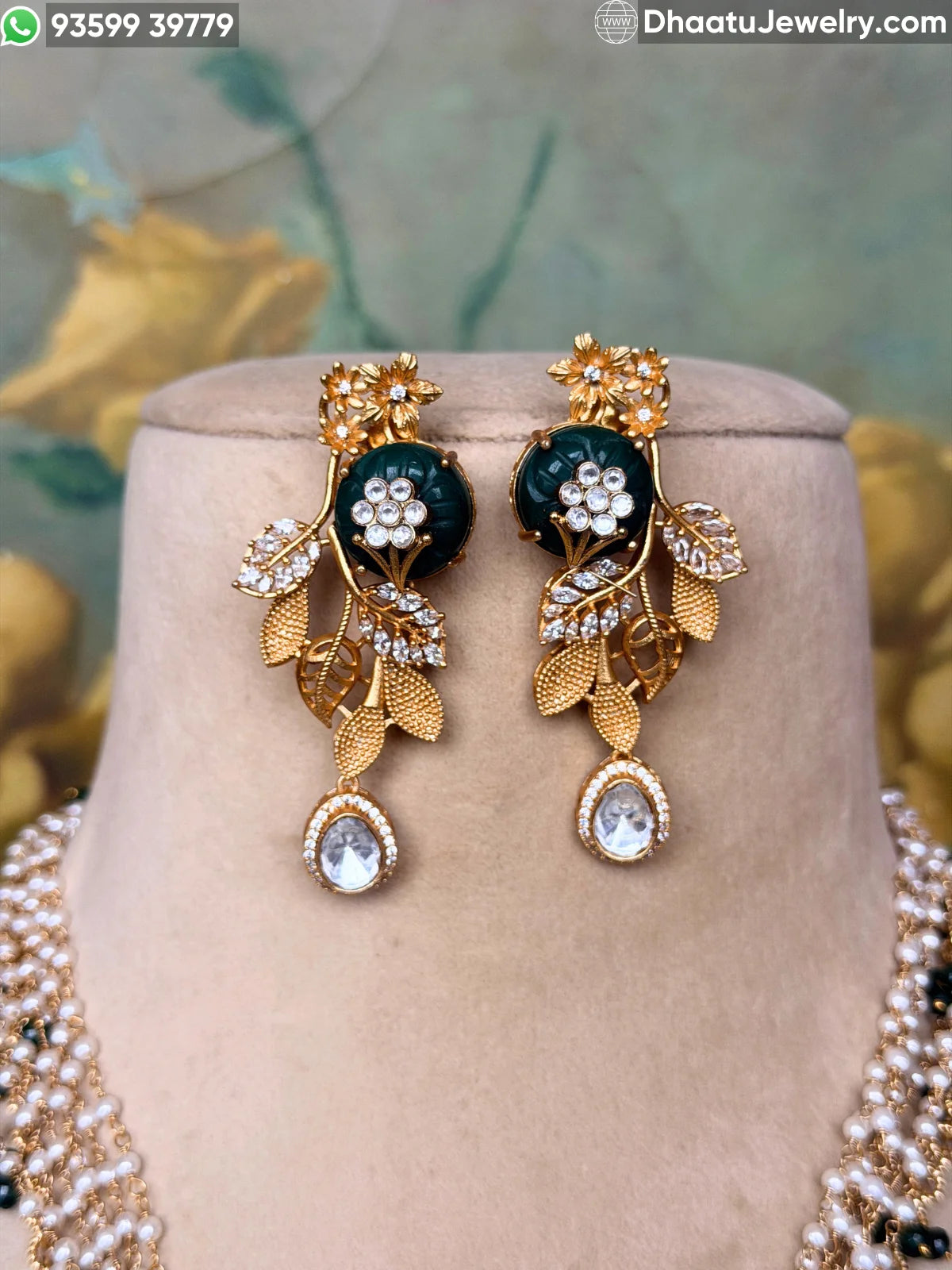 Gold-Finished Brass Floral Kundan & Pearl Layered Necklace Set with Matching Earrings
