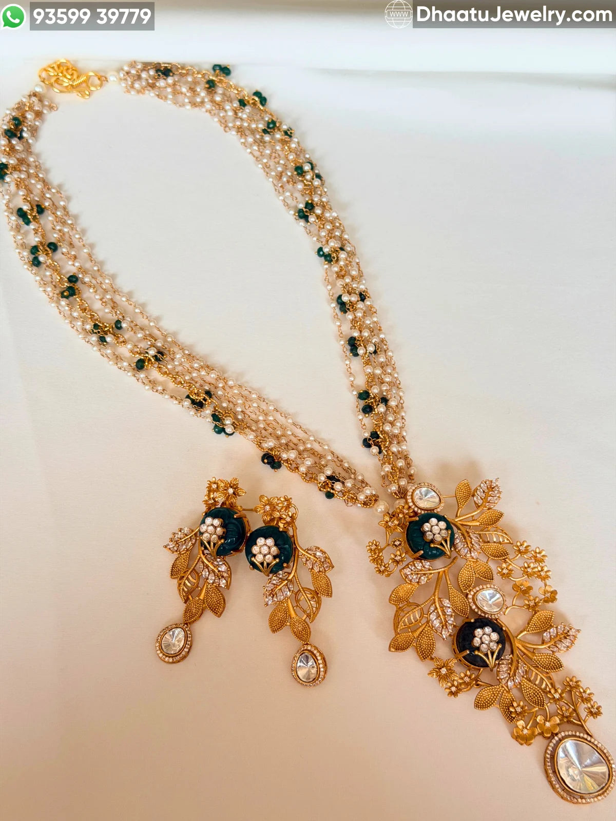 Gold-Finished Brass Floral Kundan & Pearl Layered Necklace Set with Matching Earrings