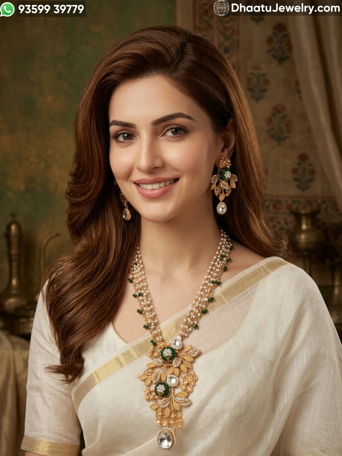 Gold-Finished Brass Floral Kundan & Pearl Layered Necklace Set with Matching Earrings