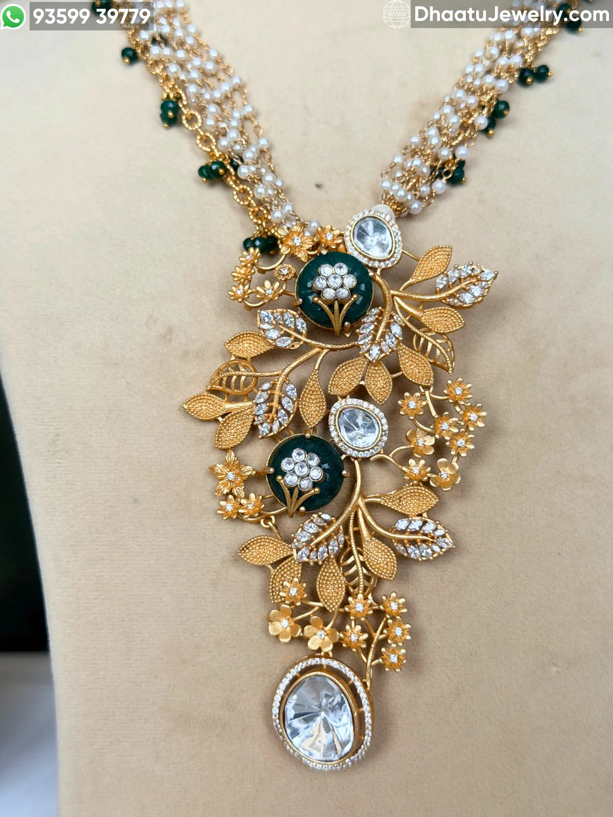 Gold-Finished Brass Floral Kundan & Pearl Layered Necklace Set with Matching Earrings