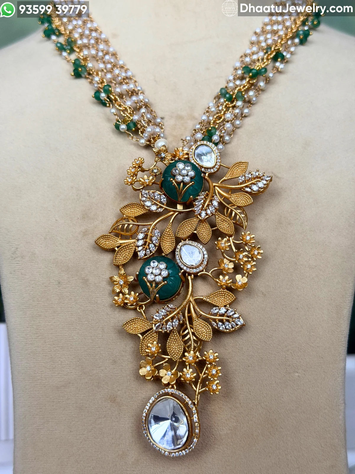 Gold-Finished Brass Floral Kundan & Pearl Layered Necklace Set with Matching Earrings