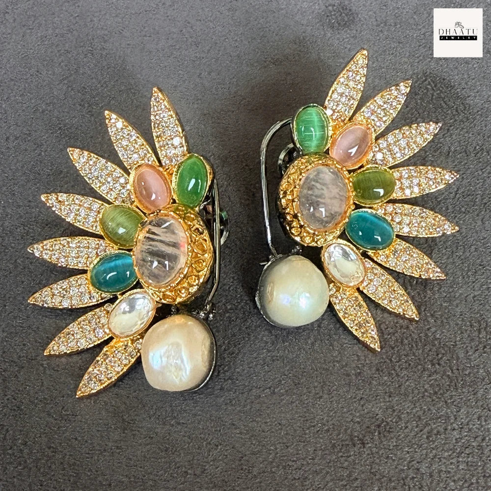 Rivaayat Handcrafted Sunburst Ear Cuffs with Baroque Pearls and Multi-Hue Cabochons