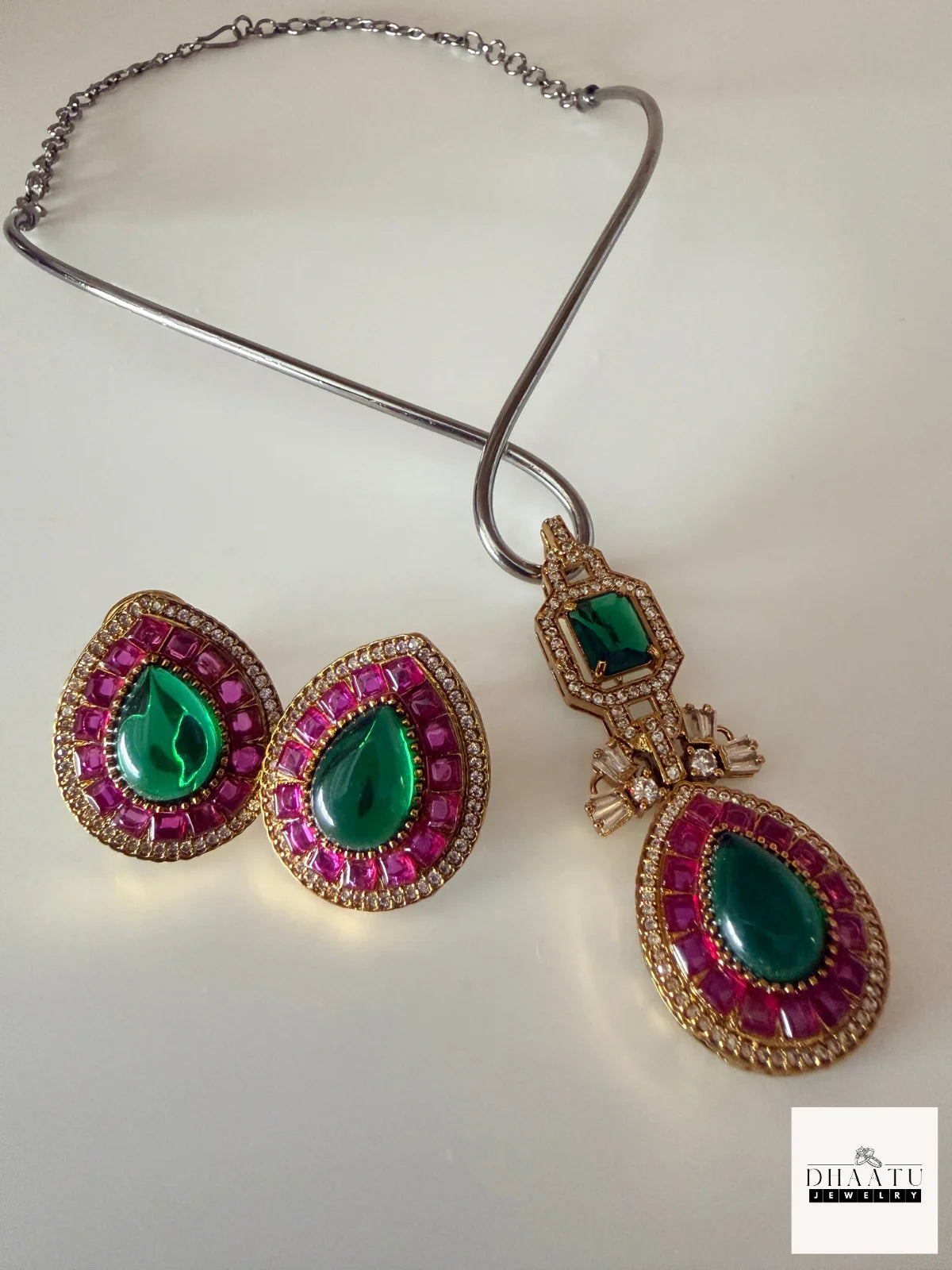 Pear-Cut Gemstone Fusion Jewelry Set – Gold-Plated Teardrop Necklace & Studs with Baguette Halo