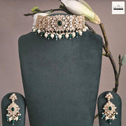 Premium Polki Style Kundan Emerald Pearl Choker Necklace & Earring Set
