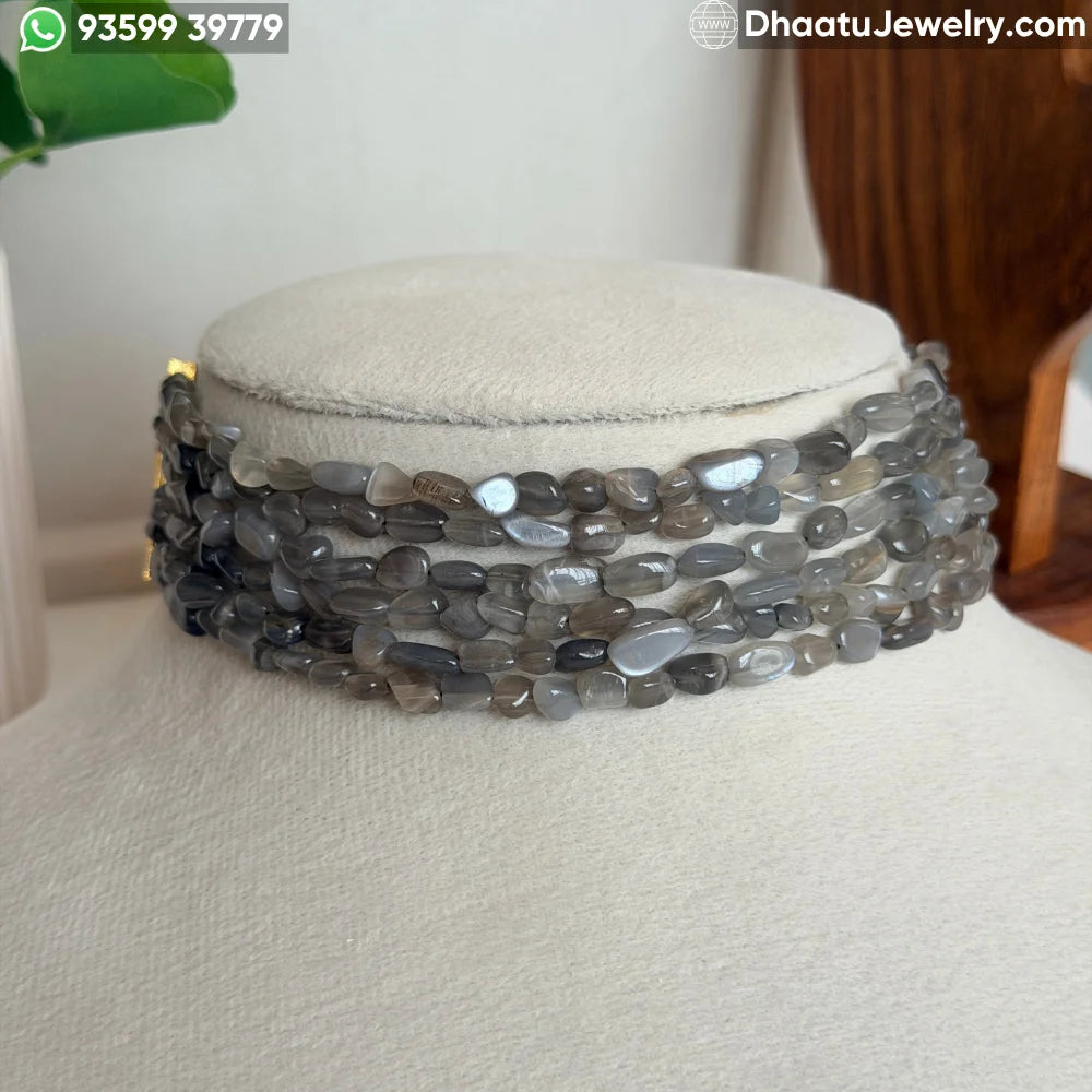 6-Layer Grey Moonstone Natural Stone Beaded Choker Necklace - 4.5cm Wide Handcrafted Smokey Grey Statement Jewelry