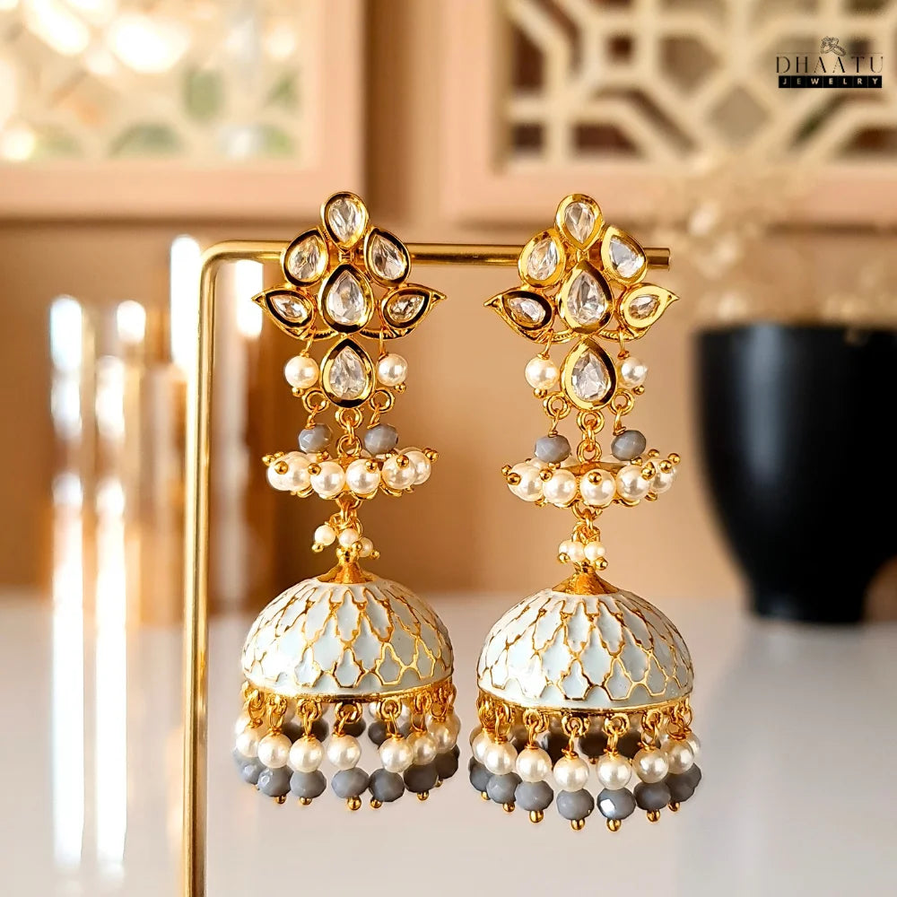 Handcrafted Kundan Polki Jhumka Earrings with Pearls