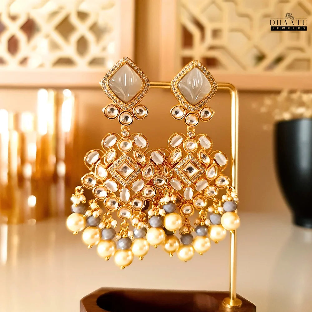 Gold Plated Kundan Polki & Pearl Drop Earrings in Multiple Colors