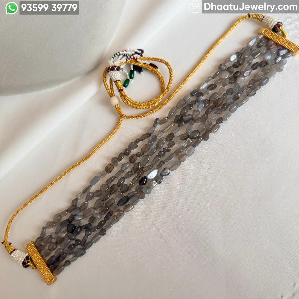 6-Layer Grey Moonstone Natural Stone Beaded Choker Necklace - 4.5cm Wide Handcrafted Smokey Grey Statement Jewelry