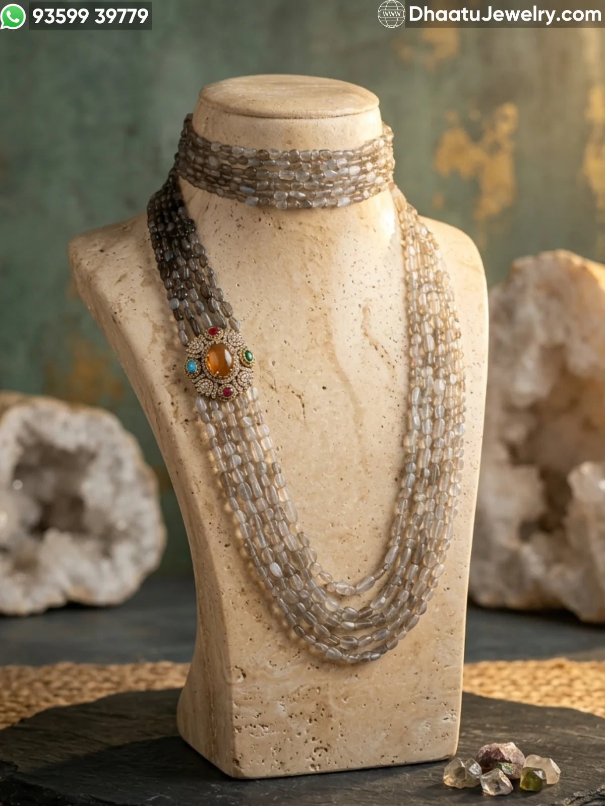 Grey Moonstone Natural Stone Beads Jewelry Set: 6-Layer Choker (23cm) & 5-Layer Matinee Long Necklace (60cm) with Side-Mounted Antique Pendant