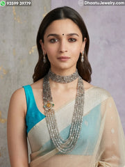 Grey Moonstone Natural Stone Beads Jewelry Set: 6-Layer Choker (23cm) & 5-Layer Matinee Long Necklace (60cm) with Side-Mounted Antique Pendant