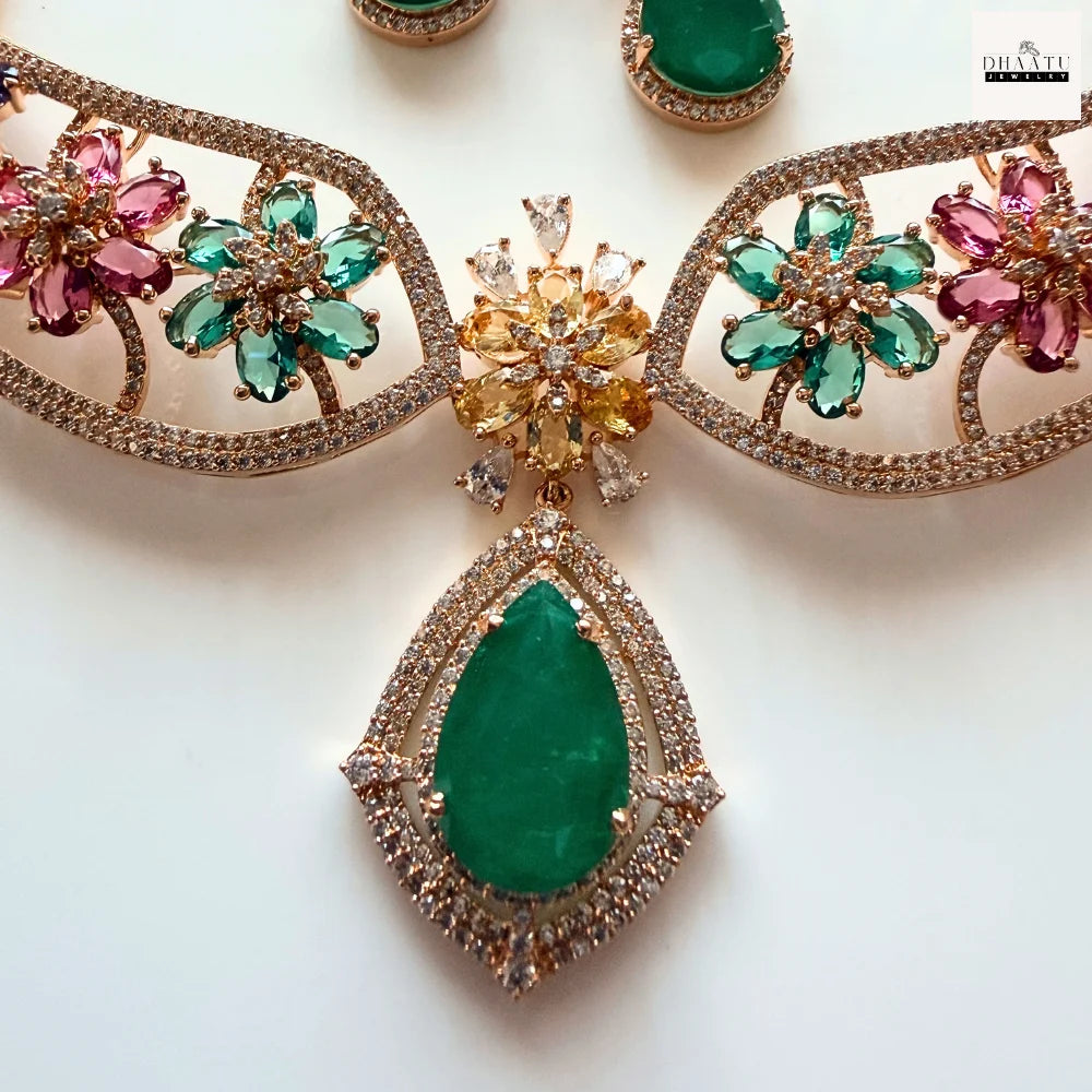 Gulnaar Floral Choker Set – Handcrafted Multi-Stone Pearl Necklace with Emerald Drop Earrings