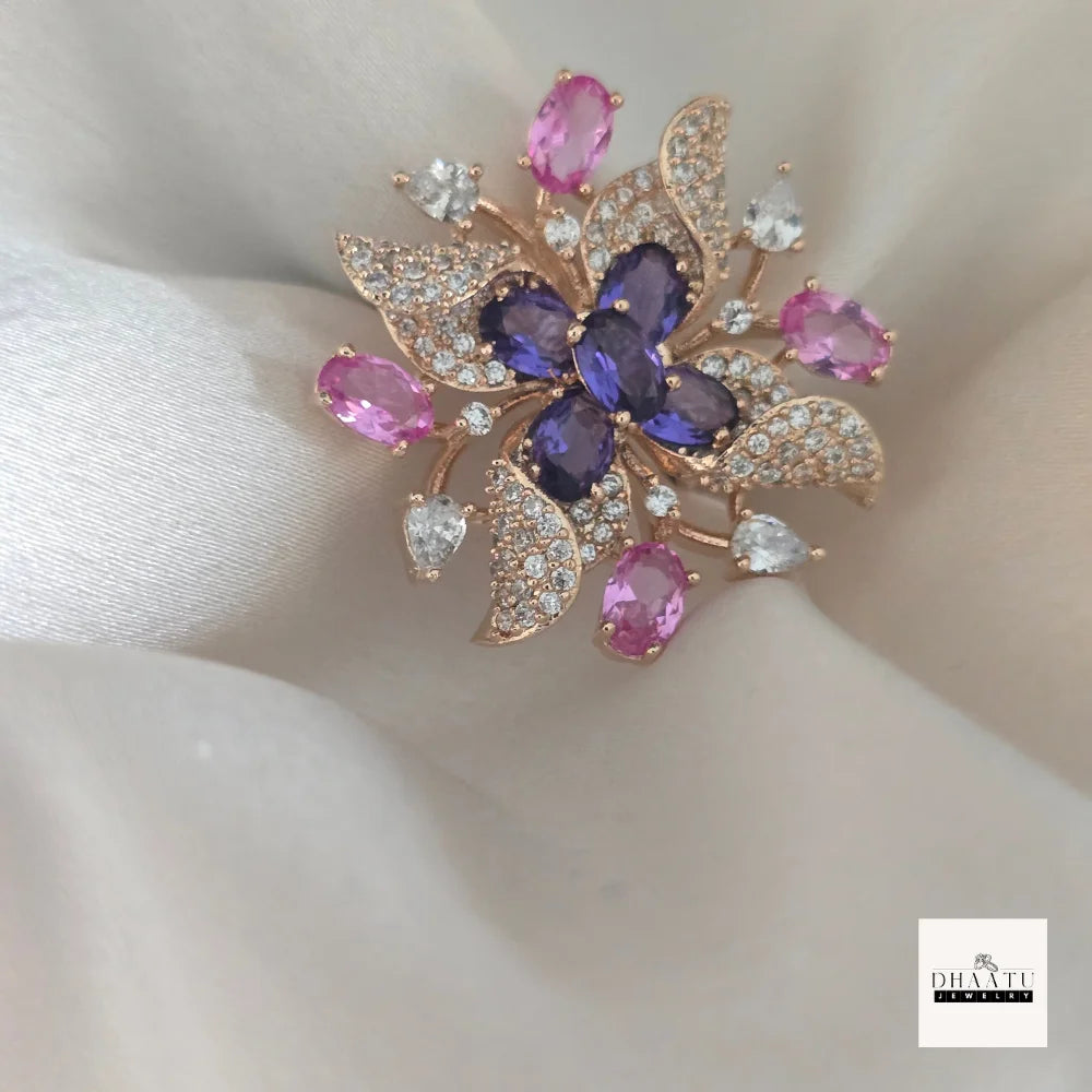 Gulnaar Amethyst & Pink Sapphire Floral Statement Ring - Adjustable Rose Gold Cocktail Ring