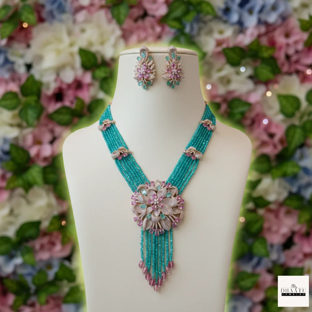Gulnaar Floral Bloom Emerald Green Bead Necklace and Earring Set – Dhaatu