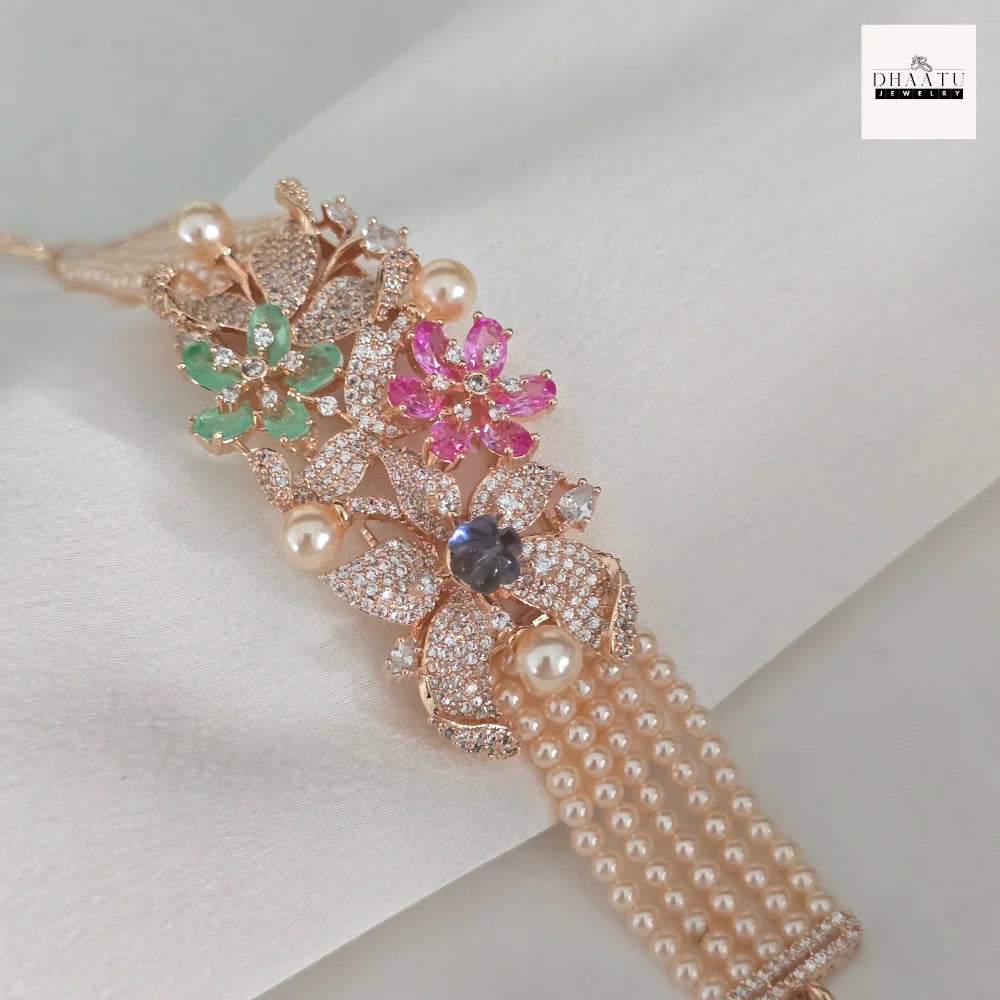 Gulnaar Multi-Hued Floral Multi-Strand Pearl Bracelet in Rose Gold Finish