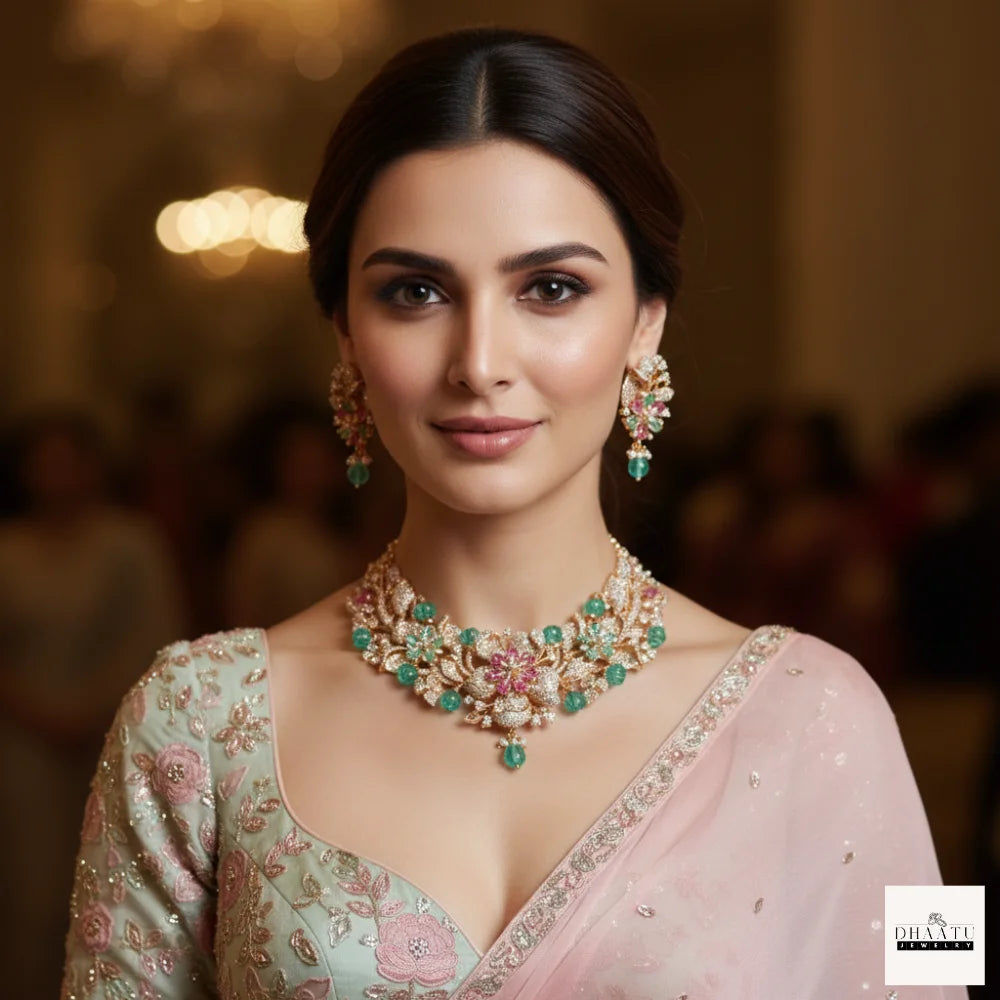 Gulnaar Floral Rose Gold Choker Set with Emerald Beads and Pink Stone Detailing
