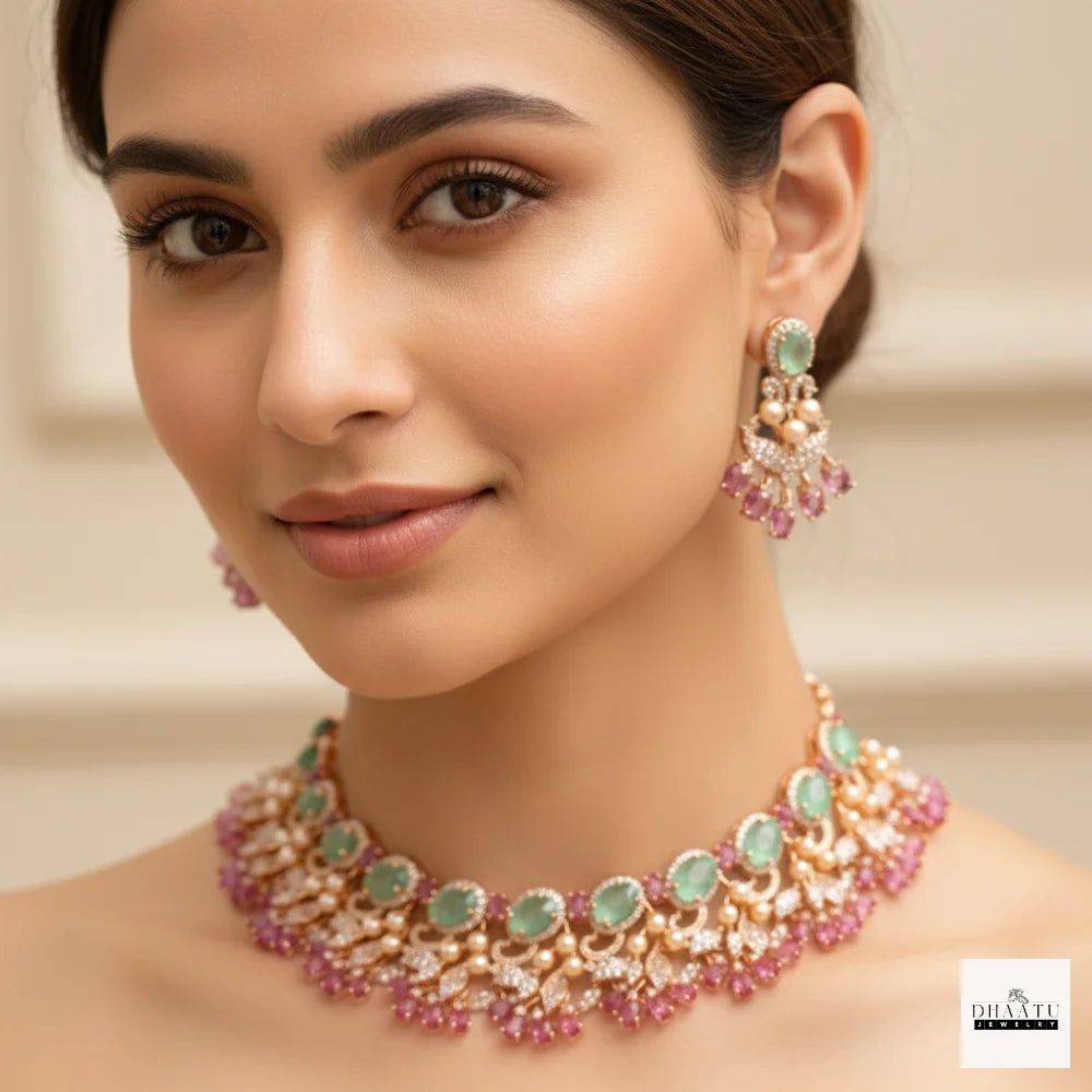 Gulnaar Mint Green & Pink Floral Necklace Set | Handcrafted Festive Jewelry by Dhaatu